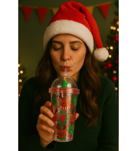 Sevimli Geyikli Kar Tanesi Noel Ağacı Desenli Süslemeli Renkli Pipetli Kupa Bardak Suluk 450ML 2768C (Çok Renkli)