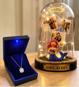 Kişiye Özel 3 Fotoğraflı Yazılı LED Fanus(denizkızı) ve 925 Ayar Gümüş Gold Baget Kolye