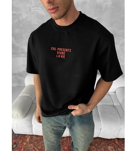 Erkek Ön ve Arka Baskılı T-Shirt Kısa Kol Bisiklet Yaka Regular Fit Tişört - Siyah