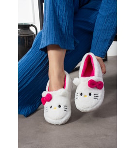Hello Figürlü Kurdela Detaylı  Fiyonklu Kışlık Unisex Ev Terliği  Kaydırmaz Taban (Fuşya-Beyaz)