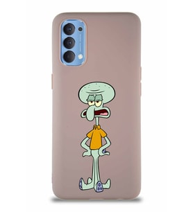 Oppo Reno 4 Soft Premier Kapak Squidward Dokunaç Tasarımlı Silikon Kılıf - Pudra (Şeffaf)