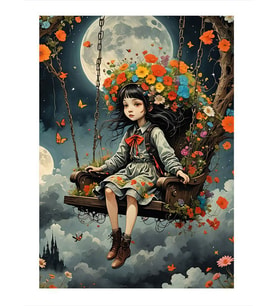 Salıncakta Sallanan Çiçekli Çocuk Dekoratif ahşap Tablo