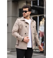 Mero Life Erkek Mevsimlik Astarlı Kemerli Kruvaze Trençkot (Krem)