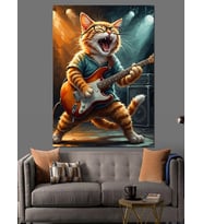 Gitar Çalan Rockçı Kedi Dekoratif Kanvas - Mdf Ahşap Tablo
