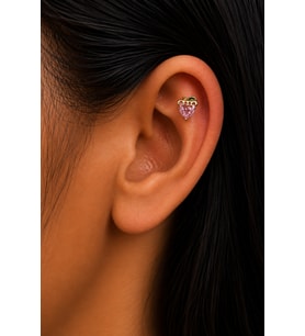Sertifikalı 316L Çelik Pembe Kalp Taşlı Çilek Figürlü Yeşil Yaprak Detaylı Premium Altın Kaplama Tragus ve Helix Piercing