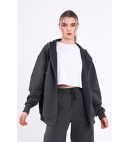 Antrasit Kanguru Cepli Kapüşonlu Fermuarlı Oversize Kadın Sweatshirt CMRB73-Antrasit