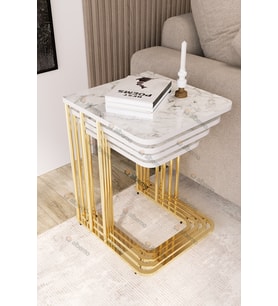 Orkide Tekerlekli 4 Lü Zigon Sehpa Gold- Beyaz Mermer Mdf