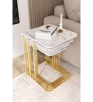 Orkide Tekerlekli 4 Lü Zigon Sehpa Gold- Beyaz Mermer Mdf