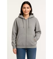 Üç İplik Kapüşonlu Tam Fermuarlı Kanguru Çepli SweatShirt Hoodie - Gri