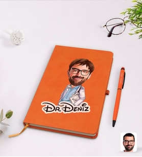 BK Gift Kişiye Özel Erkek Doktor Karikatürlü Turuncu Termo Deri Defter Kalem Seti Model 8