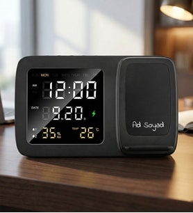 Kişiye Özel Kablosuz Şarjlı Dijital Masa Saati – Wireless Şarj İstasyonu, Tarih/Sıcaklık/Nem Göstergeli