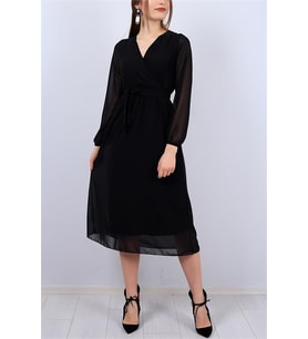 Neşeli butik kadın siyah kuşaklı kruvaze midi şifon elbise NB2023