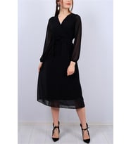 Neşeli butik kadın siyah kuşaklı kruvaze midi şifon elbise NB2023