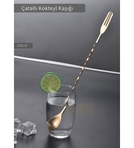 Gold Kokteyl Kaşığı Çift Başlıklı Paslanmaz Barista Kaşığı Çatallı Barmen Kaşığı Çelik 30 cm