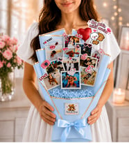 Kalpli Balon & Hoş Geldin Minik Mucize Çubuk Stickerlı (Mavi)- 12 Fotoğraflı Şık Anı Buketi - Kişiye Özel Çiçek Buketi Sevgiliye -Arkadaşa- Yeni Doğan Bebek Hediyeleri Root&Hug