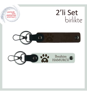 Minik Patilerin İzini Taşıyan Deri Set, Kedi Sahiplerine Özel Anahtarlık Takımı, Koyu Kahve-Beyaz