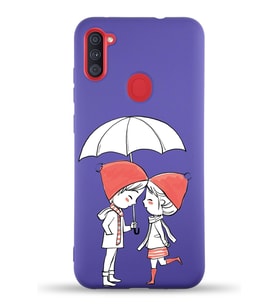 Samsung Galaxy A11 Uyumlu Lansman Kılıf Aşk Tasarımlı İçi Kadife Kapak-Mor (Şeffaf)