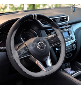 Nissan Leaf ZE1 Dikme Direksiyon Kılıfı Parlak Siyah Gri Detaylı Gri Çift Yüzük ve Dikiş 2018-2024