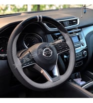 Nissan Leaf ZE1 Dikme Direksiyon Kılıfı Parlak Siyah Gri Detaylı Gri Çift Yüzük ve Dikiş 2018-2024