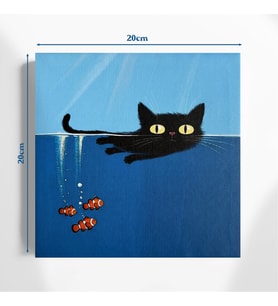 Suda Yüzen Kara Kedi 20x20 cm Illustrasyon Kanvas Tablo – Sevimli ve Dekoratif (Çok Renkli)