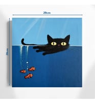 Suda Yüzen Kara Kedi 20x20 cm Illustrasyon Kanvas Tablo – Sevimli ve Dekoratif (Çok Renkli)