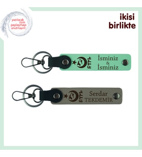 Kişiye Özel Hediye, Ayyıldız Kurt Göktürk Desenli İsim & Soyisim Yazılı Anahtarlık, Açık Yeşil-Gri
