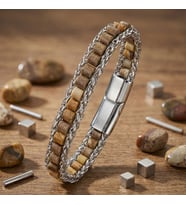 💎 Premium Odun Jasper Doğal Taşlı Hasır Örgü Zincirli Erkek Çelik Bileklik   31832B28D3