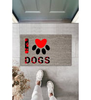 Dijital Baskı Kalitesi Gri Kırmızı Kalpli Patili I Love Dogs Dekoratif Kapı Paspası