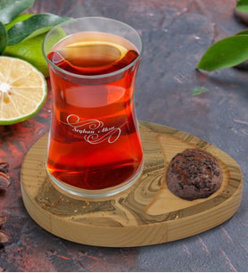 BK Gift Kişiye Özel Mermer Tasarımlı Doğal Ahşap Tabaklı Heybeli Çay Bardağı Sunum Seti Model 5
