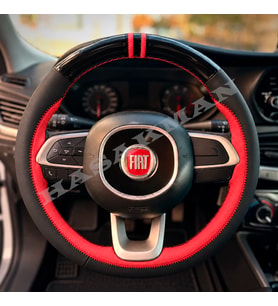 Fiat Egea Cross Dikme Direksiyon Kılıfı Parlak Siyah Kırmızı Detaylı Kırmızı Çift Yüzük ve Dikiş 2020-2021
