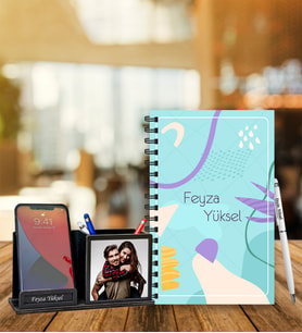 Kişiye Özel Desen Baskılı Ahşap Defter & Roller Kalem & Ahşap Mdf Kalemlik