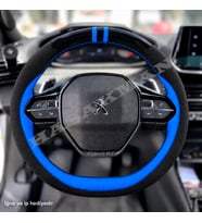 Peugeot 208 Dikme Direksiyon Kılıfı Parlak Siyah Mavi Detaylı Mavi Çift Yüzük ve Dikiş 2019-2024