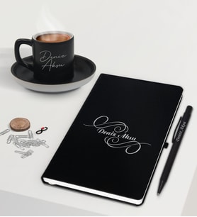 BK Gift Kişiye Özel İsimli Siyah Defter Kalem ve Türk Kahvesi Fincanı Hediye Seti-3, Arkadaşa Hediye, Sevgiliye Hediye, Yeni İş Hediyesi