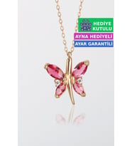 Jewelmim Kırmızı Gümüş Kelebek Kolye Rose Altın Kaplama Bayan Kelebekli 925 Ayar Kadın Gümüş Kelebek Kolyesi (Rose)