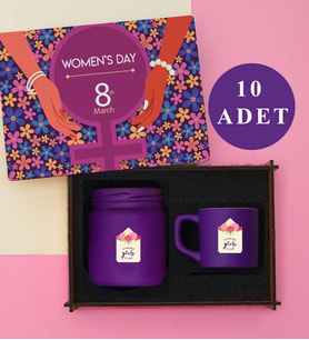 Kadınlar Günü 10’lu Set   Ahşap Kutu, Kahve Fincanı & Kokulu Mum (Mor)