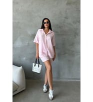 Nare Pudra Pembe Keten Şort Gömlek Kadın Alt Üst Takım (Pudra)
