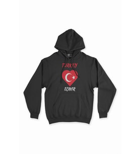 İzmir Türkiye Bayraklı Kalpli Siyah Sweatshirt Hoodie