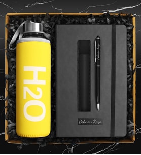 Özel Sarı Kılıflı Cam Şişe Matara & Kişiye Özel Defter & Kişiye Özel Deri Kılıflı Touch Pen Kalem Hediye Seti