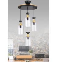 Sarkıt Tepsi 4'lü Siyah Boru Mika Şeffaf Camlı Sarı Şeritli Modern Avize