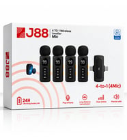 J88 4'lü Kablosuz Yaka Mikrofonu AI Gürültü Önleyici Lightning Type-C Uyumlu Vlog Röportaj Canlı Yayın Mikrofonu (4 Mikrofon + 1 Alıcı)