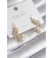 Tegan Pirinç Gold Renk Zirkon Taşlı Yaprak Model Kadın Küpe TG27BKP9945