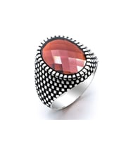 Erkek Kırmızı Zirkon Oval Taşlı Gümüş Yüzük