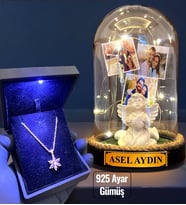 Işıklı Kutuda 925 Ayar Gümüş Lotus Kolye ve Size Özel Led Işıklı Fanus - Premium Set (Model 2)