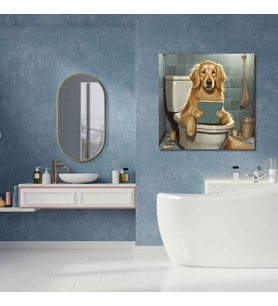 Tekli Kare Kanvas Banyo Tablosu Tabletle Oynayan Golden Köpek