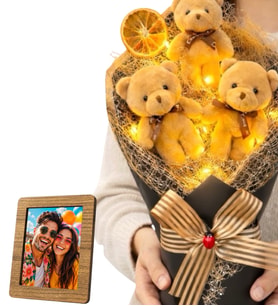 Kişiye Özel Ahşap Fotoğraf Çerçeveli Kahve Ayıcıklı Büyük Boy Led Işıklı Peluş Ayıcık Buketi