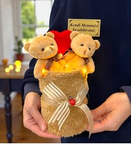 Kişiye Özel 2'li Peluş Kahve Ayıcık Buketi Peluş Saksıda Led Işıklı Tasarım