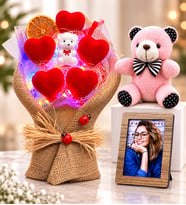 Kişiye Özel Fotoğraflı Renkli LED Işıklı Ayıcıklı Kalp Buketi ve Pembe Peluş Ayıcık Hediye Seti