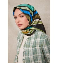 Kare Desenli Twill İpek Eşarp-0920 (Haki)
