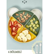 4 Bölmeli Çıkarılabilir Ayıcık Desenli 7 Parça Mama Yemek Tabağı ve Çatal Kaşık Seti BPA FREE (Yeşil-Sarı)