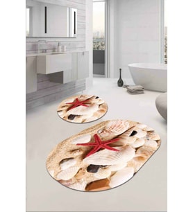 Kırmızı Marin Desen Oval Banyo Klozet Paspas Seti BS070